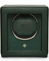 Green leather wolf watch winder, designed to care for your watch effortlessly with its sleek and stylish appearance.