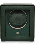 Green leather wolf watch winder, designed to care for your watch effortlessly with its sleek and stylish appearance.