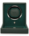 Elegant green leather case containing a Wolf watch winder, expertly caring for your watch.