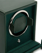 Elegant green leather watch winder by Wolf, designed to effortlessly maintain your watch's functionality.