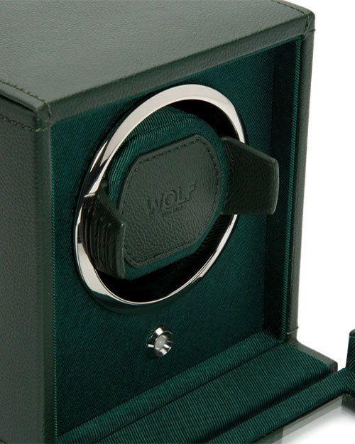 Elegant green leather watch winder by Wolf, designed to effortlessly maintain your watch's functionality.
