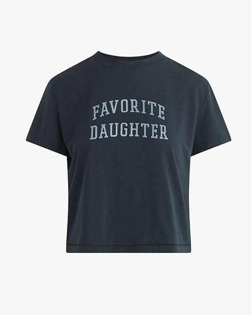 Dark navy cropped T-shirt with short sleeves and a crew neckline. The shirt features the phrase ‘FAVORITE DAUGHTER’ printed in bold, uppercase letters across the chest in light navy.
