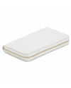 A white jewelry travel case with a gold zipper.