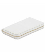 A white jewelry travel case with a gold zipper.