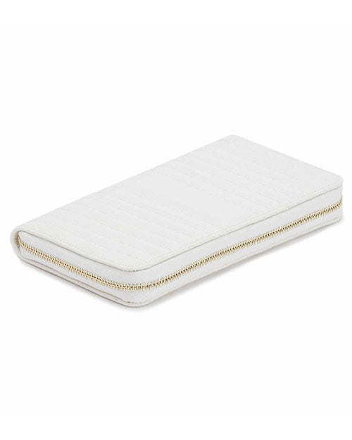 A white jewelry travel case with a gold zipper.