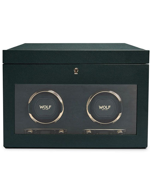  Double watch winder with storage, showcasing a timeless British Racing design for watch enthusiasts.
