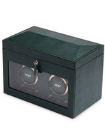 Elegant double watch winder designed for storing and displaying watches, embodying classic British Racing style.