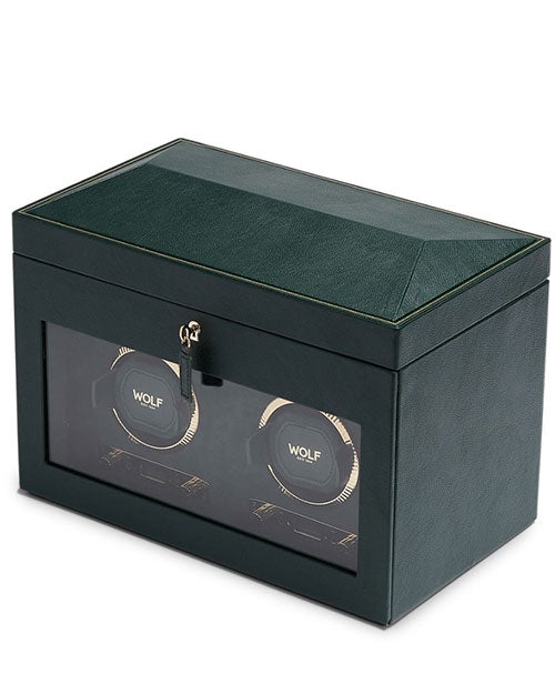 Elegant double watch winder designed for storing and displaying watches, embodying classic British Racing style.