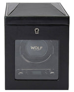 Wolf watch winder in a leather case, designed for single watches, embodying timeless British Racing elegance.