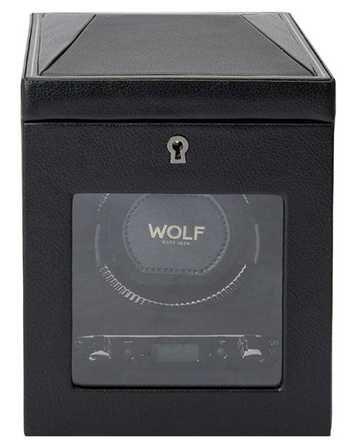 Wolf watch winder in a leather case, designed for single watches, embodying timeless British Racing elegance.