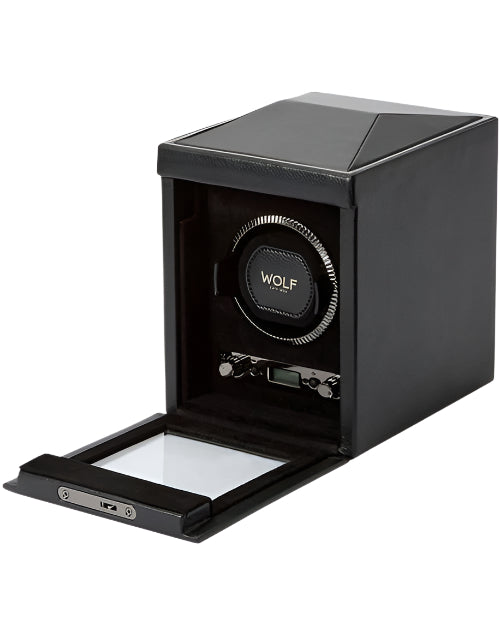 Wolf watch winder with digital display, designed for a single watch, showcasing timeless British Racing elegance.