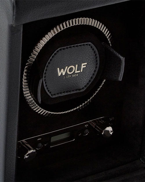 Wolf watch winder designed for a single watch, featuring a timeless British Racing aesthetic, ideal for watch enthusiasts.