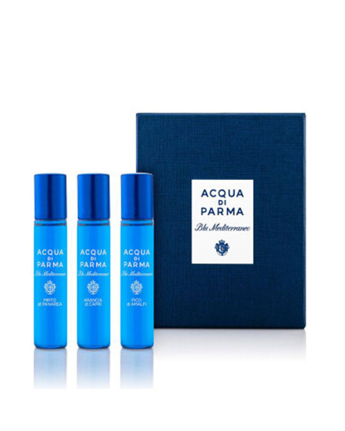 Acqua di Parma eau de toilette set displayed in elegant packaging, featuring multiple fragrance bottles and a stylish design.