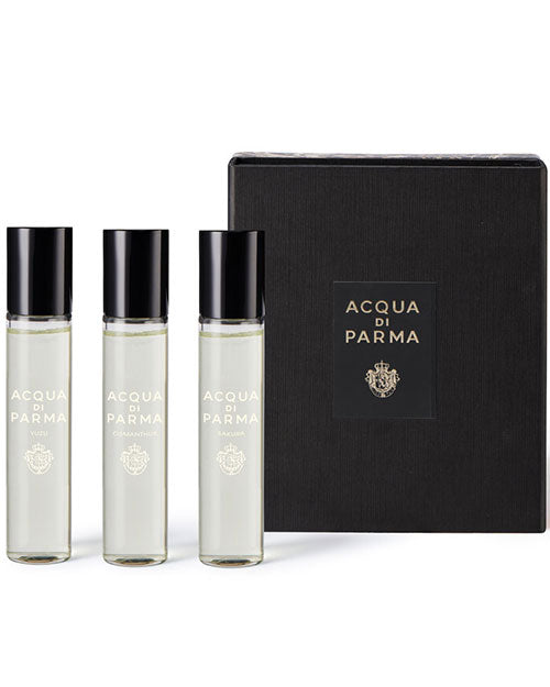 Acqua Parma 3-piece gift set displayed in elegant packaging, featuring luxurious fragrances and grooming products.