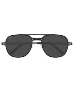 Sunglasses with sleek black frames and shiny silver temples, perfect for a fashionable look.