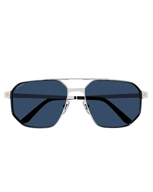 A frontside view of a folded pair of stylish sunglasses with a silver metal frame and dark blue lenses. The frame has a geometric shape with slightly rounded edges, and the hinges and bridge are adorned with small gold screws. The tips of the temples are black for added comfort.