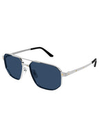 A pair of stylish sunglasses with a silver metal frame and dark blue lenses. The frame has a geometric shape with slightly rounded edges, and the temples are adorned with small gold accents. The tips of the temples are black for added comfort.