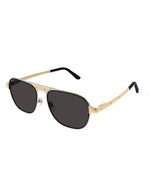 A pair of sunglasses with dark lenses and a metallic frame. The temples of the sunglasses are gold-colored with black tips and silver screw embellishments along the arm. 