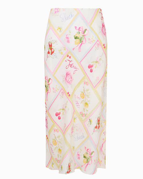 A floral skirt adorned with pink flowers and ribbons, highlighting a cheerful and colorful aesthetic.