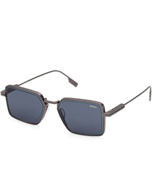 Zegna men's sunglasses featuring a square design in matte gunmetal with blue lenses, made from durable metal.