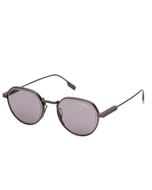 Zegna men's sunglasses with a round metal frame in matte antiqued gunmetal and smoke lenses.