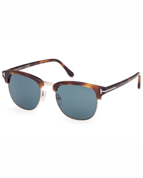 Tortoise frame Tom Ford sunglasses with striking blue lenses, perfect for a fashionable look.
