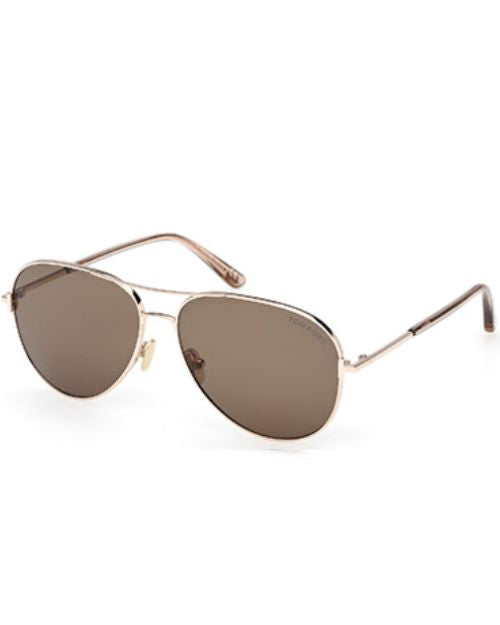 Tom Ford unisex aviator sunglasses in shiny rose gold with brown polarized lenses, featuring a classic pilot shape.