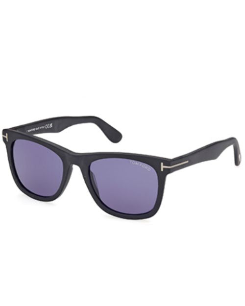 Tom Ford Kevyn sunglasses featuring matte black frames and blue lenses, showcasing a stylish and modern design.