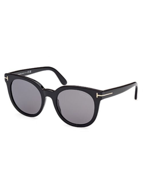 Tom Ford Moira ladies sunglasses featuring shiny black frames and smoke polarized lenses.