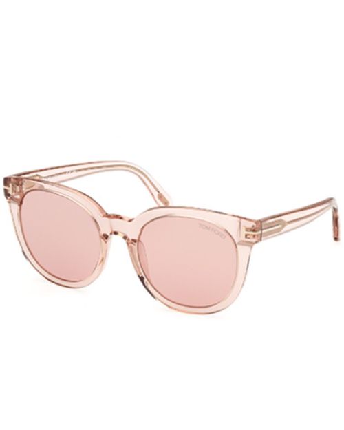 Shiny light pink Tom Ford Moira sunglasses with a plastic frame and bordeaux lenses, showcasing a stylish design.