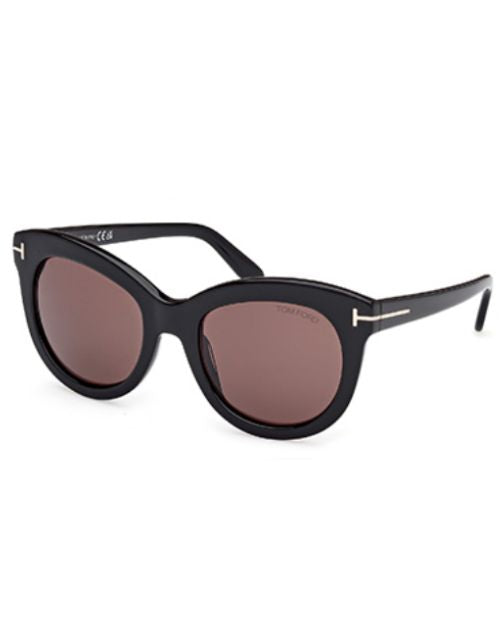 Tom Ford ladies' sunglasses with shiny black frames, brown lenses, and a stylish butterfly shape.