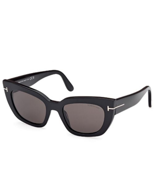 Shiny black Tom Ford Athena ladies sunglasses with smoke-colored cat-shaped lenses.