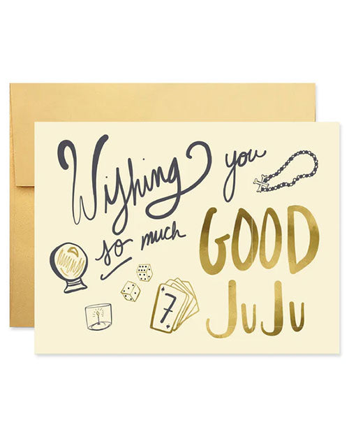 A greeting card featuring the phrase "Wishing you so much good juju" in colorful, playful typography against a bright background.