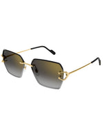 A pair of square rimless sunglasses with a gold-colored frame and gradient lenses against a white background. The frame is square with slanted corners, and the hinges form a C shape.