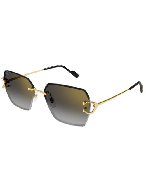 A pair of square rimless sunglasses with a gold-colored frame and gradient lenses against a white background. The frame is square with slanted corners, and the hinges form a C shape.