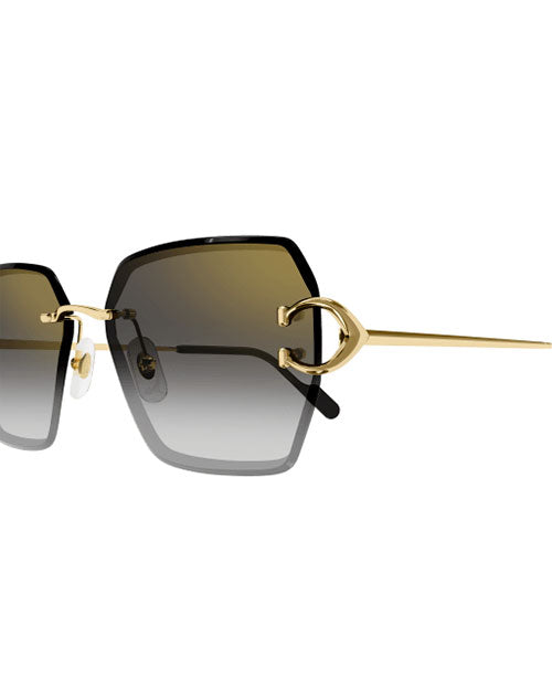 A close-up view of a pair of rimless sunglasses with gradient lenses against a white background. The frame is square with slanted corners. The hinges form a C shape.