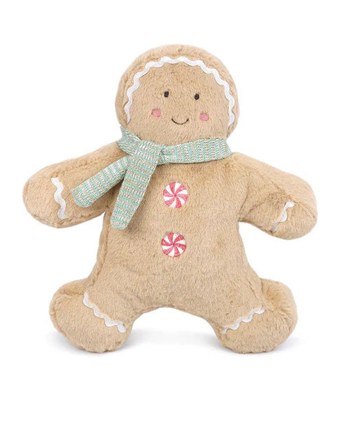 A plush gingerbread man toy in front of a white background. The plush has white icing details, peppermint buttons, and a green and grey striped scarf around its neck. 
