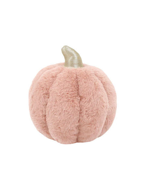 A full view of a plush pumpkin with a slightly reflective stem. The background is plain white.
