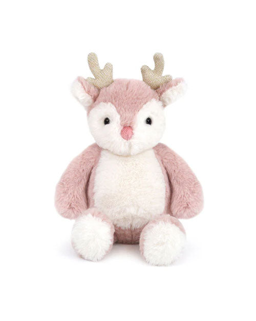 A plush toy reindeer with antlers and a red nose, sitting with its legs out in front of him in front of a plain white background.