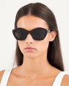 A model wearing stylish black sunglasses, showcasing a chic and modern look.