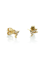 Gold tiny humming bird earrings with gemstones on a white background