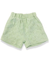 The Doe A Dear Yasmine shorts feature a refined green tweed fabric with intricate pearl and beaded accents