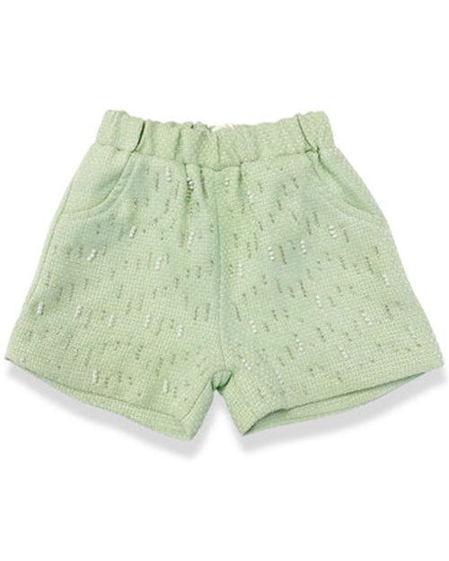 The Doe A Dear Yasmine shorts feature a refined green tweed fabric with intricate pearl and beaded accents