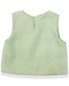 The back of a Green tweed vest with a button at the top