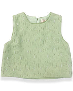 Green tweed vest, embellished with beading and pearls on the front.