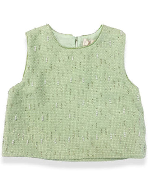 Green tweed vest, embellished with beading and pearls on the front.