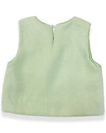 The back of a green tweed vest with a button at the top.