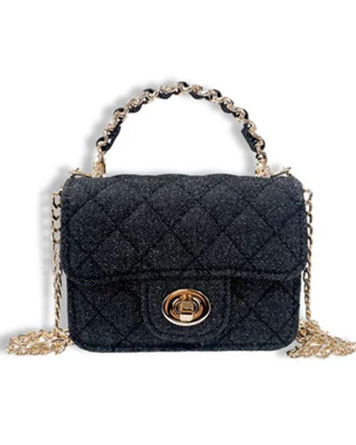 Small black denim handbag with a quilted diamond pattern, gold-tone twist-lock closure, and a short handle with interwoven black material and gold chain links, featuring an additional long gold chain strap, shown in a front view.