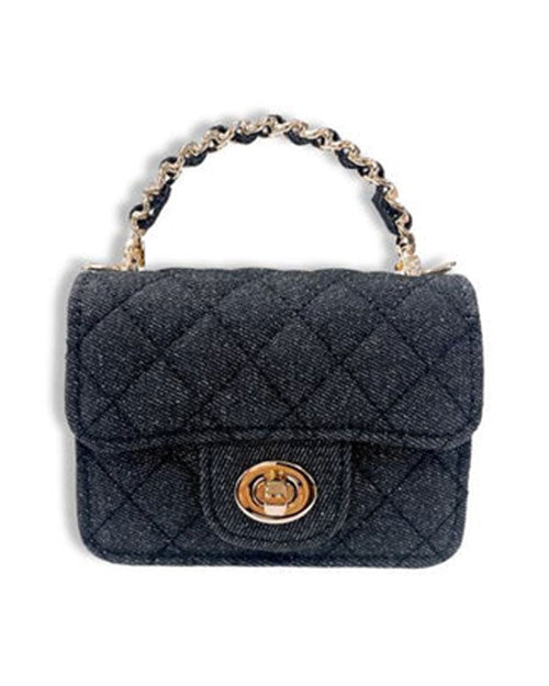 Small black denim handbag with a quilted diamond pattern, gold-tone twist-lock closure, and a short handle featuring interwoven black material and gold chain links, shown in a front view.