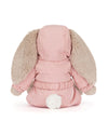 Back view of a plush bunny toy wearing a pink hooded jacket with beige floppy ears and a white fluffy tail, featuring elastic bands around the waist and cuffs.